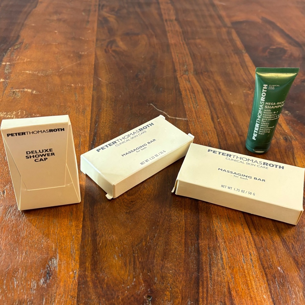 Peter Thomas Roth Travel Set Mega-Rich Shampoo Massaging Bars Shower Cap 4pc NEW